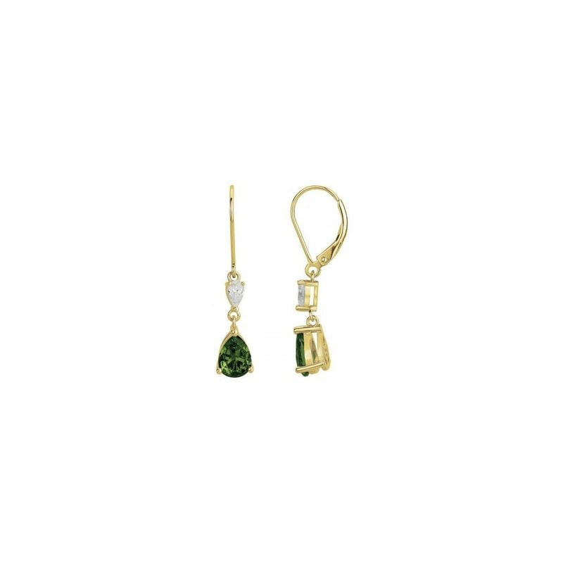 Boucles d'oreilles pendantes en plaqué or avec oxydes de zirconium vert et blanc, vues de face et de