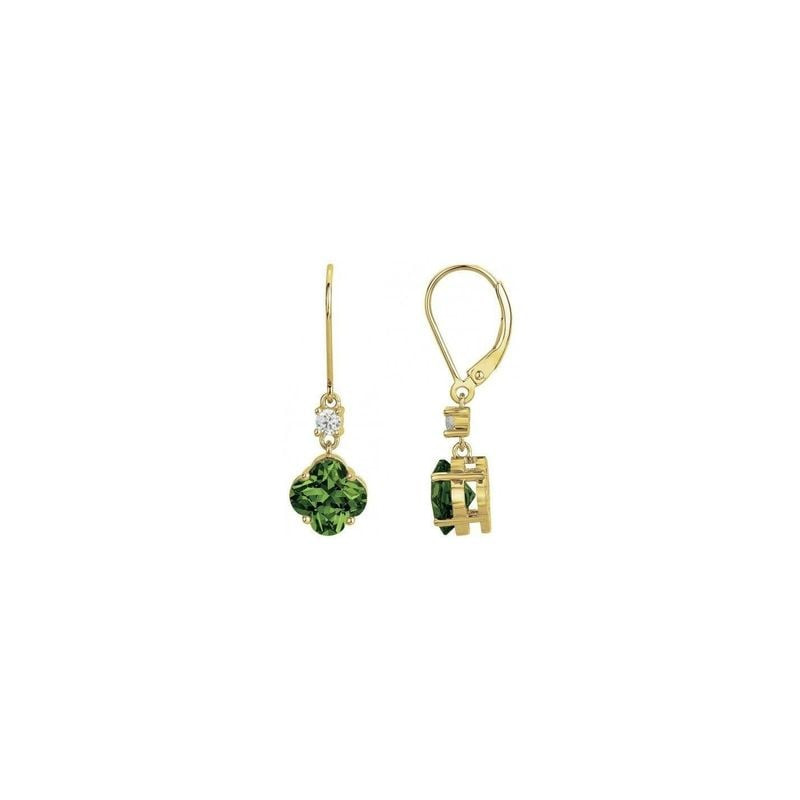 Paire de boucles d'oreilles dormeuses plaquées or avec oxydes de zirconium verts et blancs, vues de 