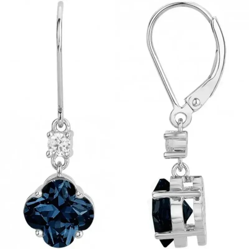 Paire de boucles d'oreilles dormeuses en argent 925 avec un spinelle bleu en forme de trèfle et quat