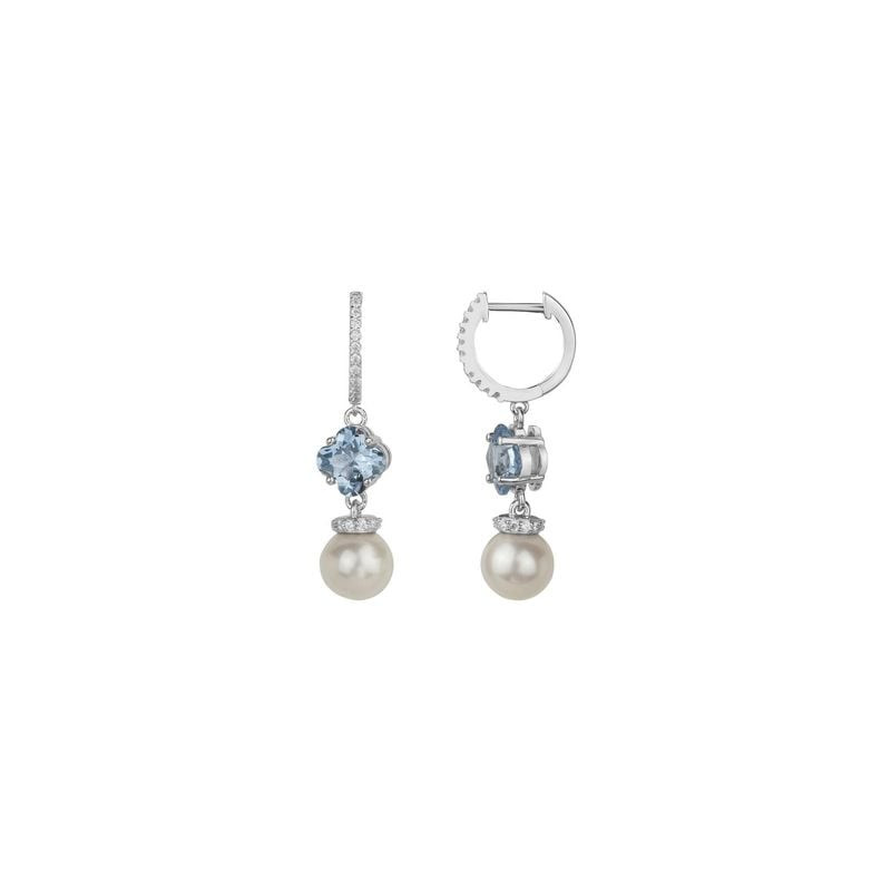 Boucles d'oreilles créoles Griffe Rouge argent 925, pierre bleue en forme de cœur, perle et détails 