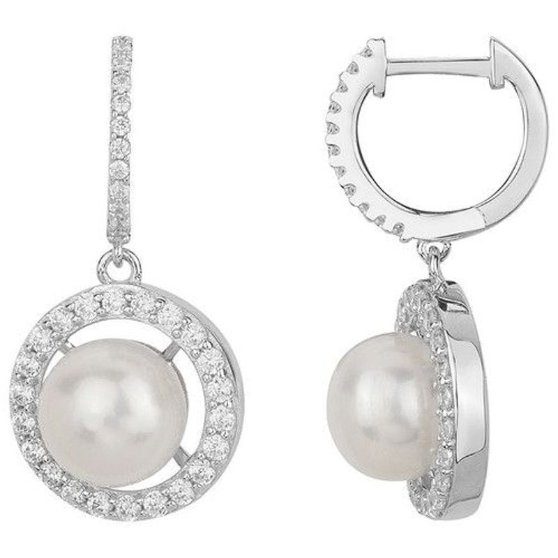 Paire de boucles d'oreilles créoles GRIFFE ROUGE argent 925, perle blanche et zircons, vues face et 