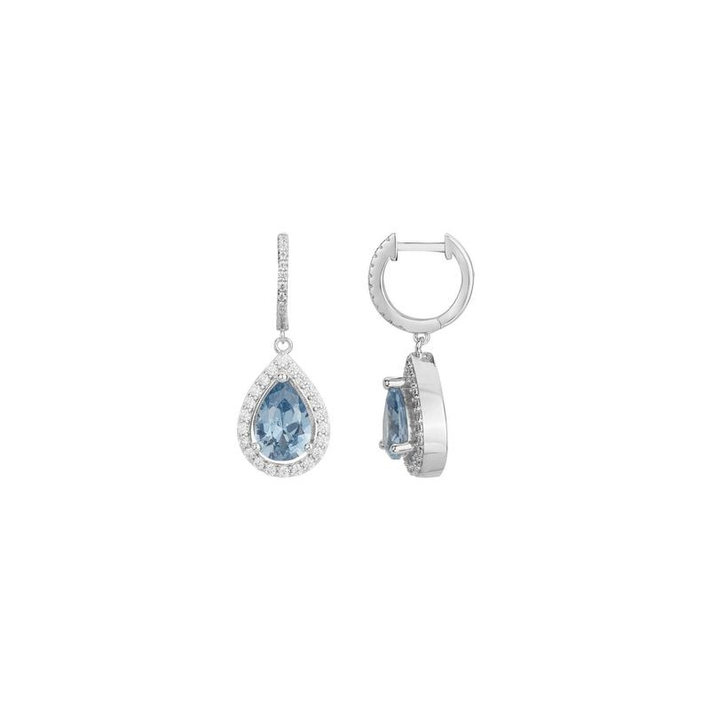 Boucles d'oreilles créoles Griffe Rouge en argent 925 avec goutte poire topaze bleue et halo d'oxyde