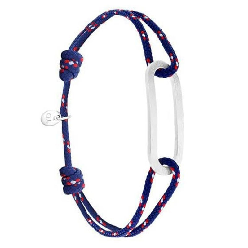 Bracelet Figaro By Olivier Lafond : cordon paracorde bleu marine à taches rouges et anneau ovale arg