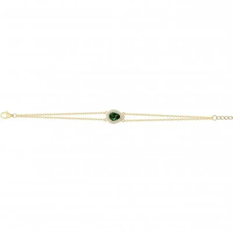 Bracelet à chaîne plaqué or avec une pierre synthétique vert émeraude taille poire entourée d'oxydes
