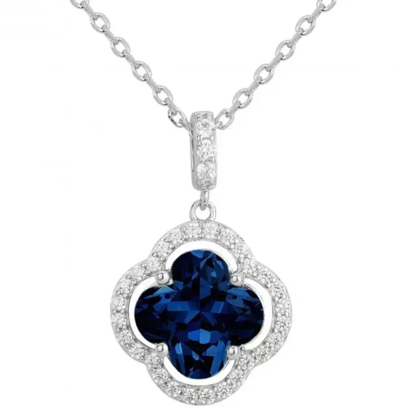 Collier argent 925 avec pendentif à quatre feuilles, spinelle bleu central et oxydes de zirconium bl