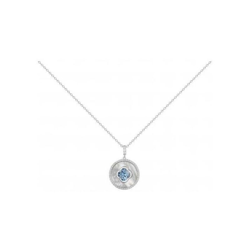 Collier en argent avec pendentif rond en nacre blanche serti d'oxydes de zirconium blancs et bleus e