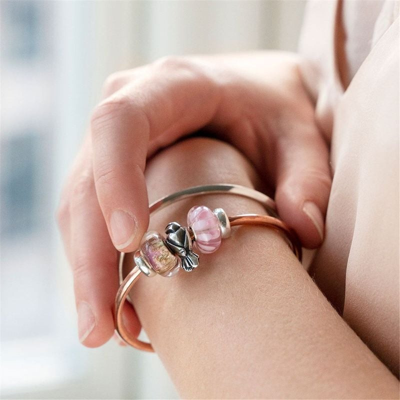 Perle Trollbeads Tourtereaux Argenté portée sur un bracelet, ambiance élégante et chaleureuse