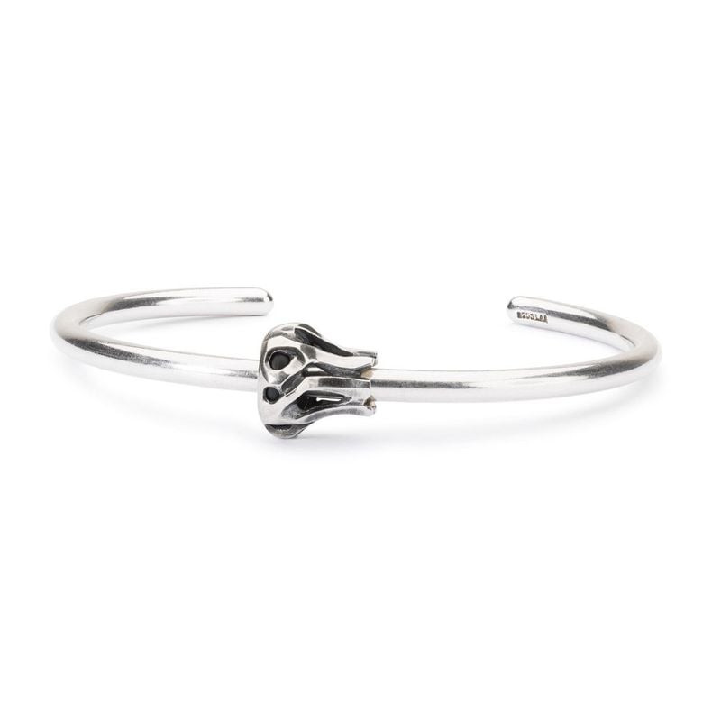 Bague d'arrêt Trollbeads Tronc aux Trésors en argent montée sur un jonc ouvert en argent 925 sur fon