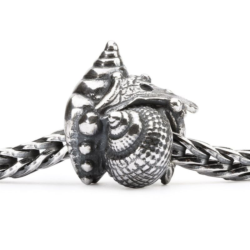 Breloque Conque d'amour TROLLBEADS en argent enfilée sur une chaîne tissée en argent, fond blanc stu