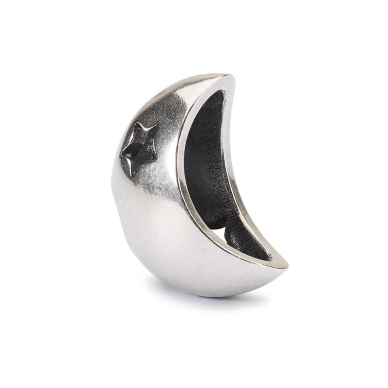 Perle Lune et étoiles TROLLBEADS en argent sterling avec croissant de lune et étoile gravée sur fond