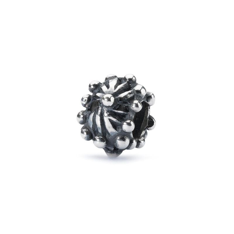 Perle Trollbeads Fleur silencieuse en argent sterling avec relief floral et détails oxydés sur fond 