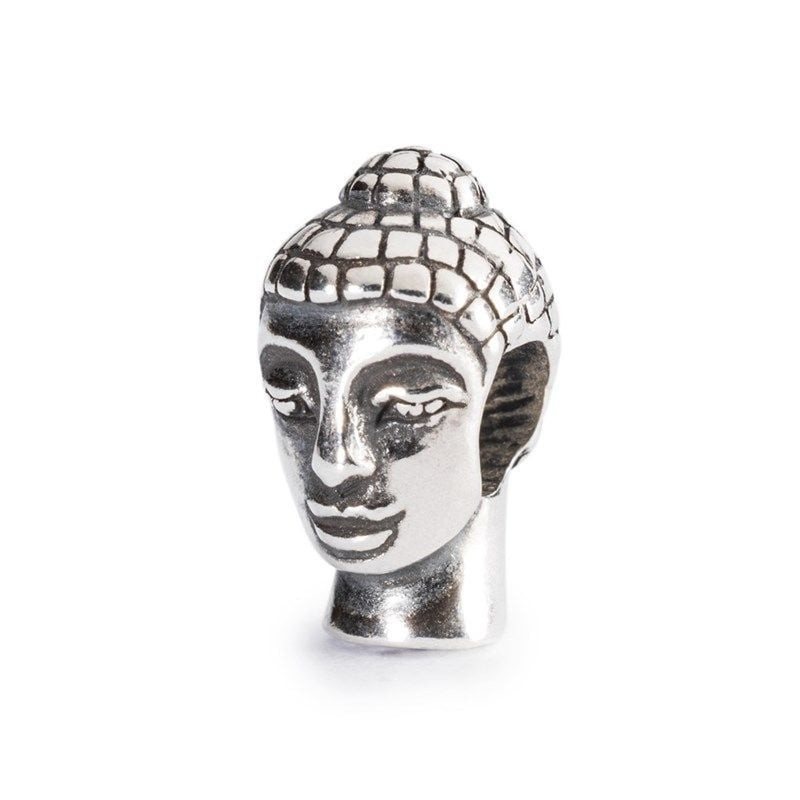 Perle Tête de Bouddha Trollbeads en argent sterling avec visage serein et ushnisha texturé, sur fond