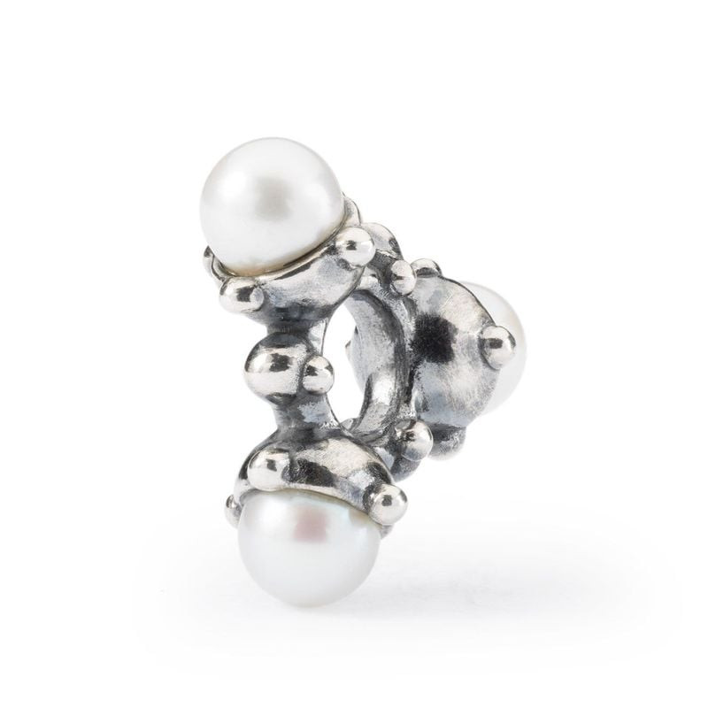 Gros plan du charm Trollbeads Fleurs Blanc Argenté mettant en valeur les perles et l'argent