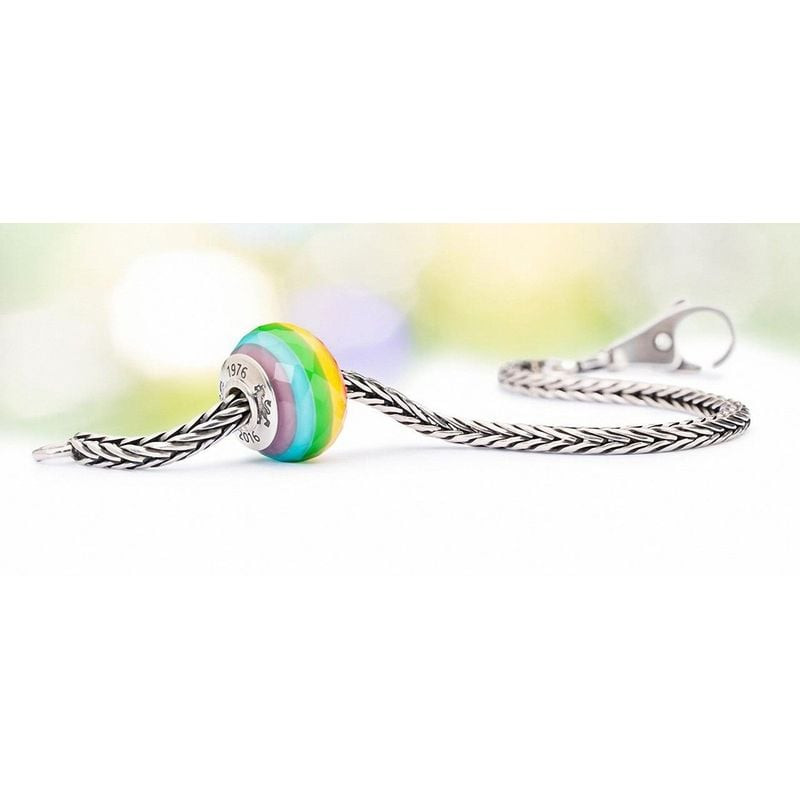 Perle Trollbeads Célébrer la vie en verre arc-en-ciel sur un fin collier en argent tressé avec un fo