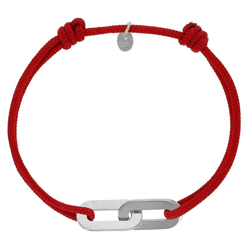 Packshot du bracelet Jean-Jean By Olivier Lafond, deux anneaux en argent rhodié sur cordon nylon rou