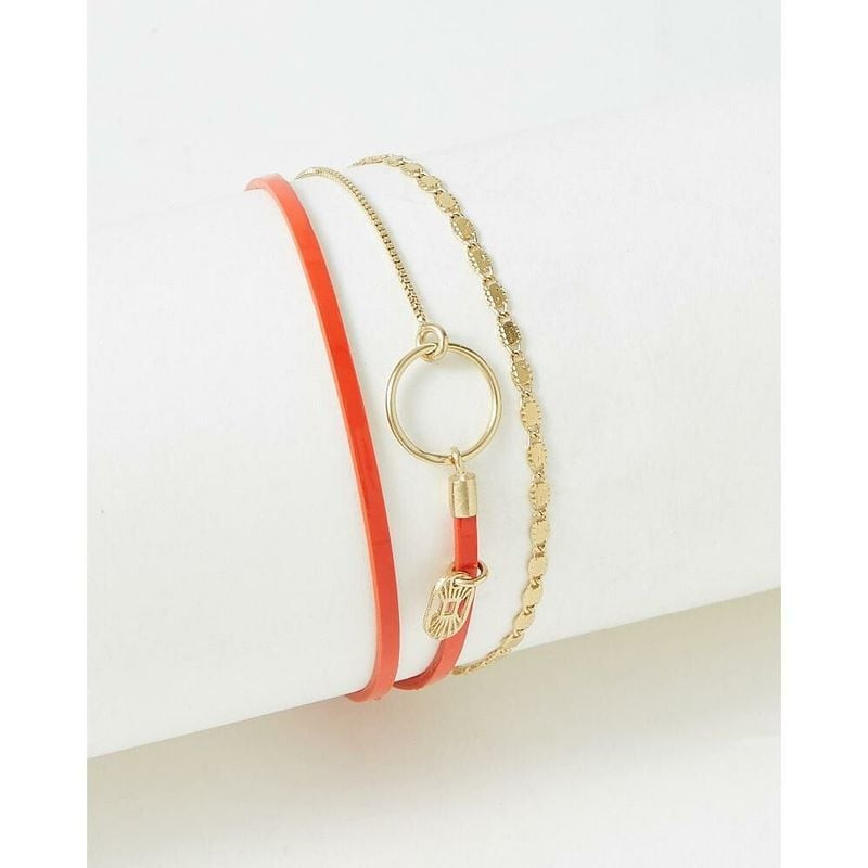 Bracelet FlowersForZoé Tabatha en cuir orange, fermoir anneau doré, chaîne box et breloque soleil