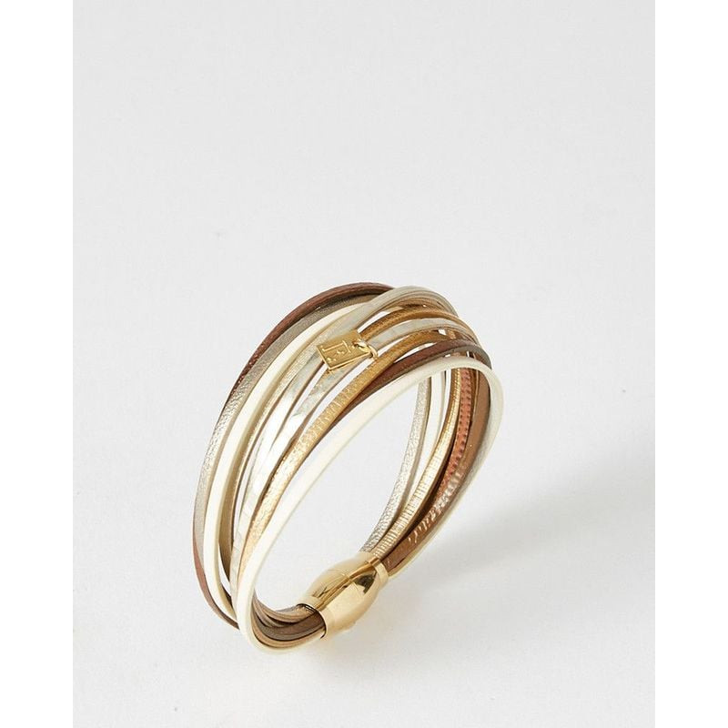 Bracelet multi-rangs en cuir avec dix liens dorés, nacrés et métallisés et fermoir aimanté doré