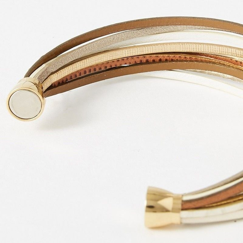 Gros plan sur le fermoir aimanté doré et les rangs de cuir marron, doré et blanc du bracelet