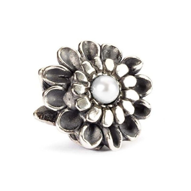 Gros plan sur la perle de naissance Chrysanthème de novembre Trollbeads en argent avec une perle bla