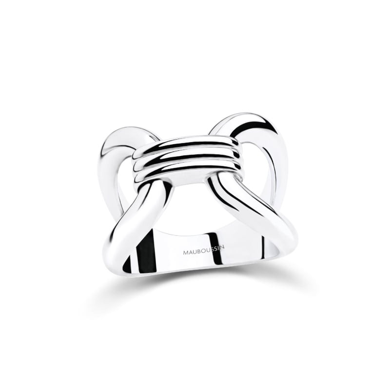 Bague Mauboussin en argent 925 rhodié poli avec deux boucles entrelacées reliées par un triple lien 