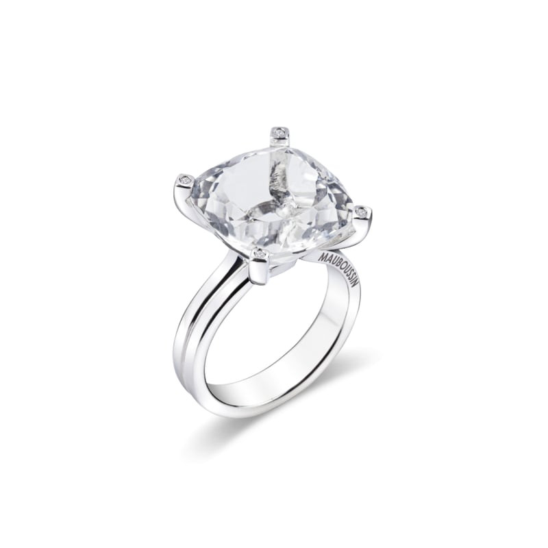 Bague Mauboussin Belle comme le Vent en argent avec quartz cristal taille coussin serti sur griffes 