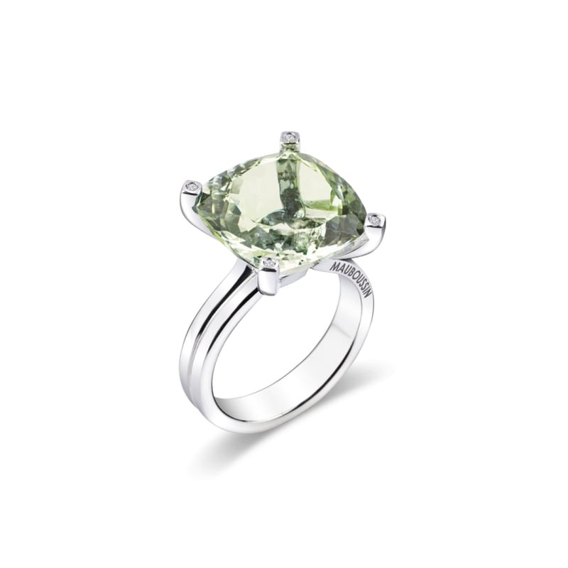 Bague Mauboussin Belle comme le Vent en argent, améthyste verte coussin et griffes pavées de diamant