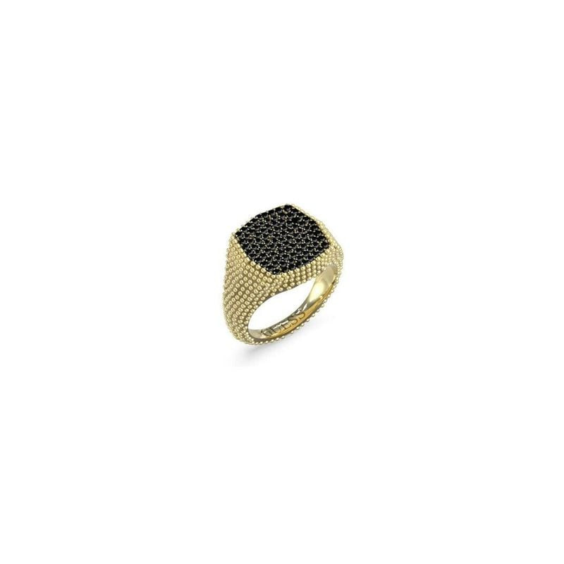 Bague chevalière GUESS Urban Code en acier doré, centre carré noir pavé et bande texturée pointillée
