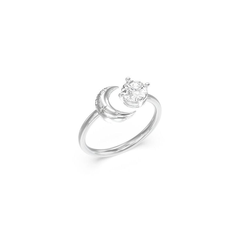 Bague GUESS Aurora argentée en acier rhodié, motif croissant de lune et zircon cubique rond sur fond