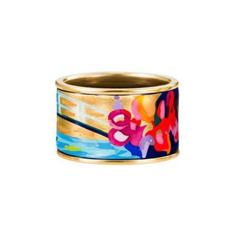Bague FREY WILLE Diva en émail feu, motif The Bridge de Monet, tons rose, bleu, rouge et or