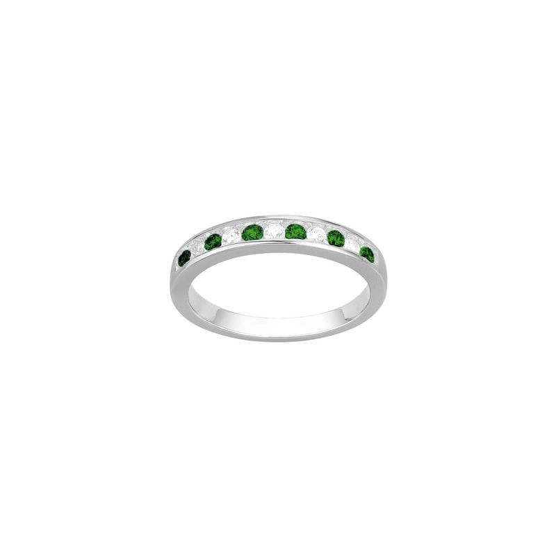 Bague demi-alliance en argent 925/1000 avec oxydes de zirconium blancs et vert émeraude alternés, se