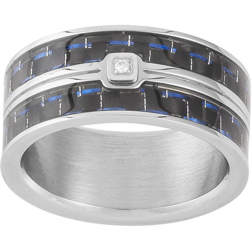 Bague homme en acier inoxydable avec incrustation carbone noir et bleu et un diamant de 0,015 carat 