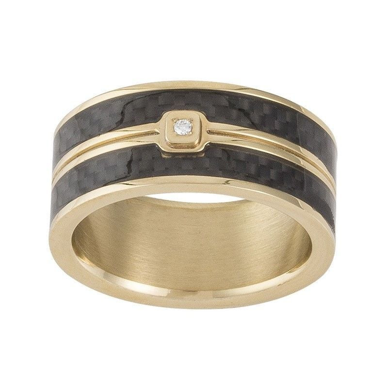 Bague homme PHEBUS en acier doré, anneau en fibre de carbone noire et diamant unique de 0,015 carat 