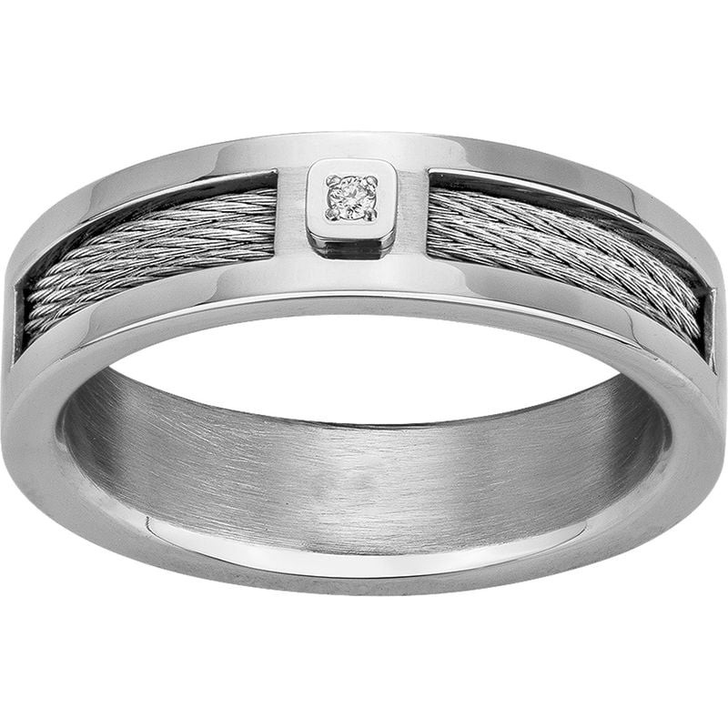 Bague homme PHEBUS Hervé en acier inoxydable 316L poli, incrustation câble tressé et diamant de 0,01
