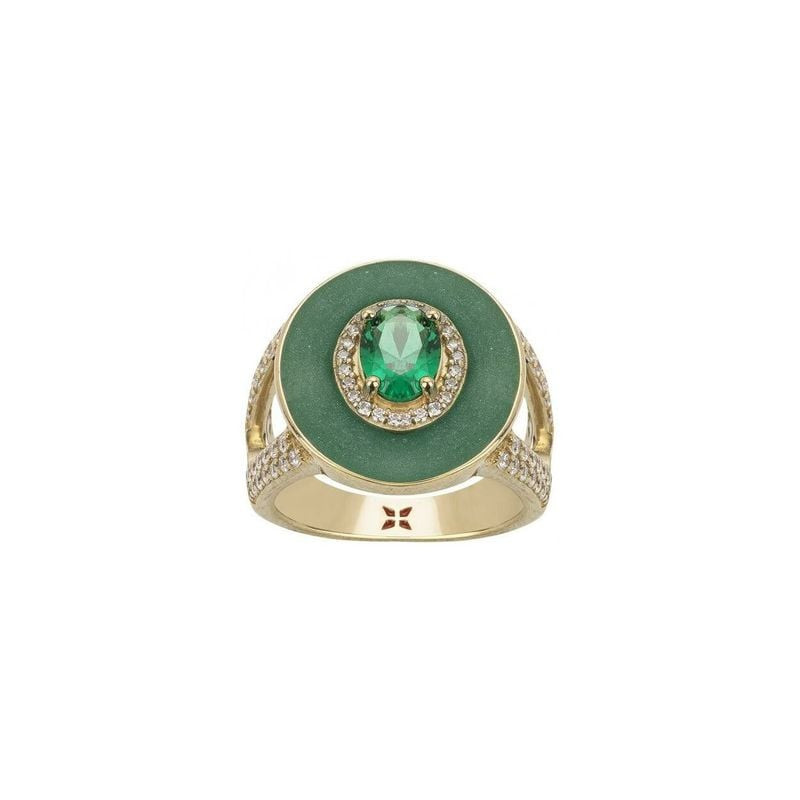 Bague Griffe Rouge plaquée or, laque verte, pierre zirconium vert émeraude ovale et halo d'oxydes bl