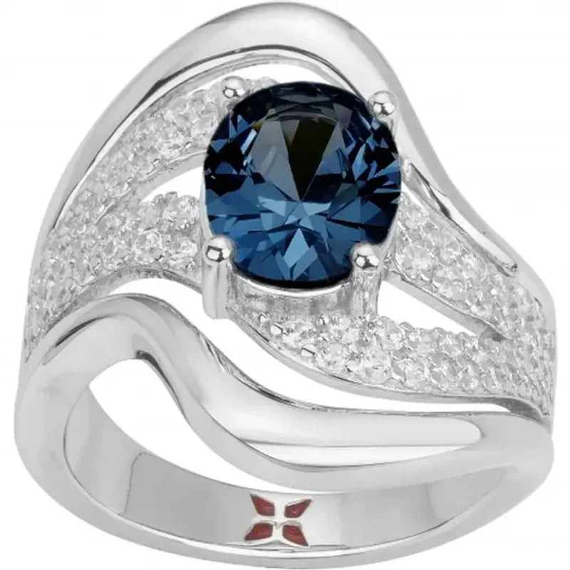 Bague GRIFFE ROUGE en argent 925 avec spinelle bleue synthétique centrale et 71 oxydes de zirconium,