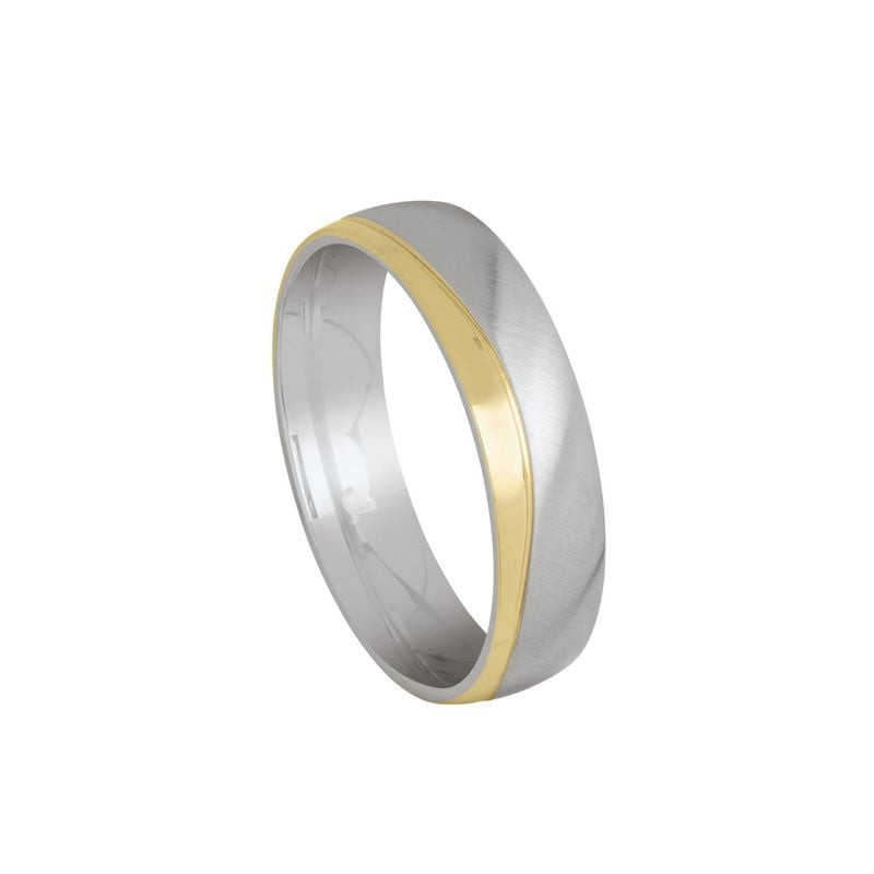 Bague homme Vito bicolore Jourdan debout, anneau en acier brossé et liseré doré poli.