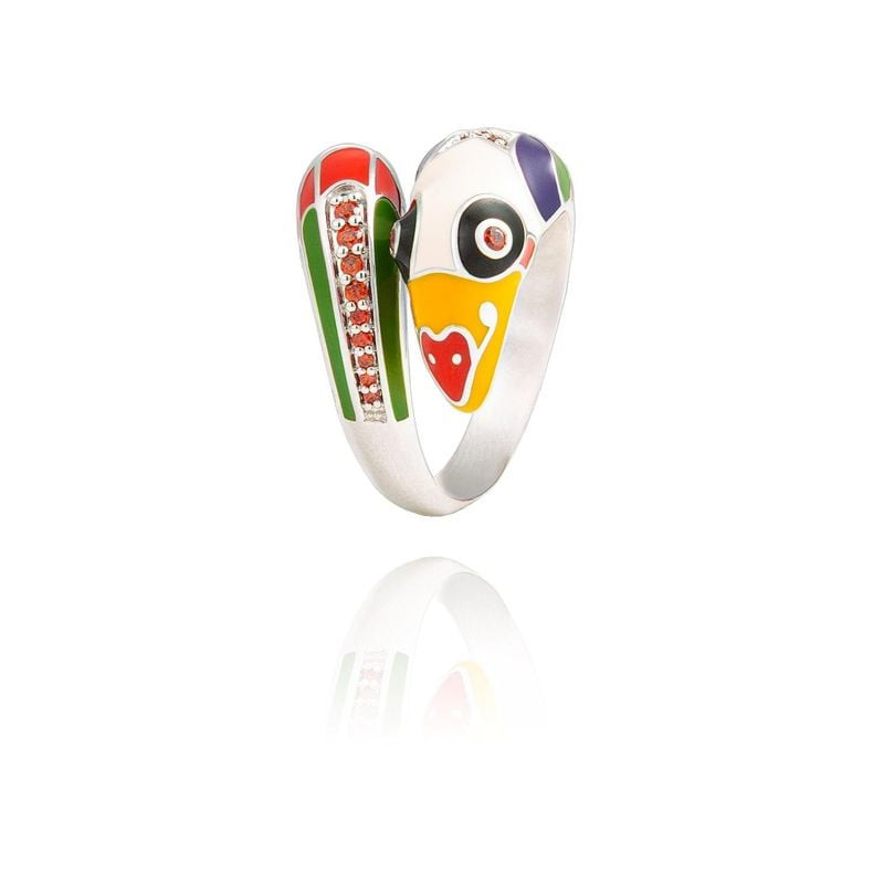 Bague ouverte UNA STORIA Toucan en argent, motif toucan coloré peint à la main et cristaux sertis en