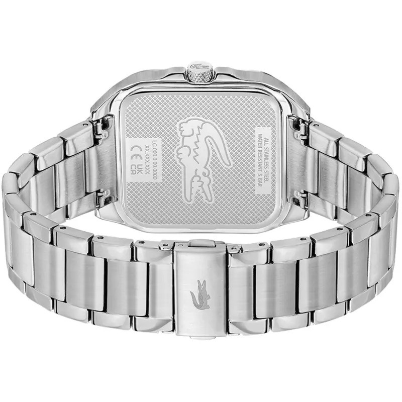 Vue de face de la montre analogique Lacoste 2093605 avec chiffres arabes et guichet de date à six he
