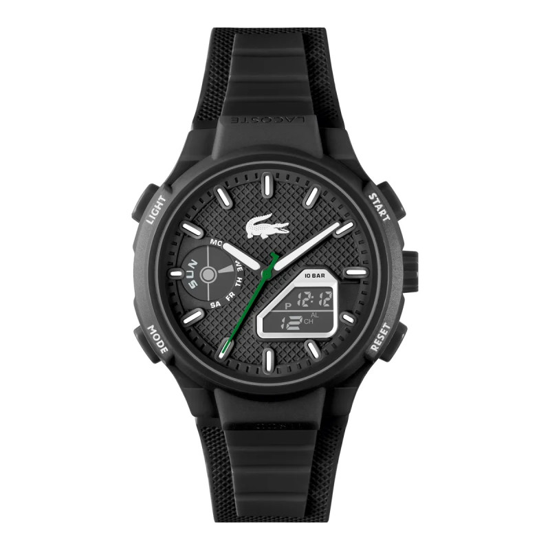 Packshot de la Montre Analogique et Digitale LACOSTE Collection LC33 Bracelet Silicone Noir.