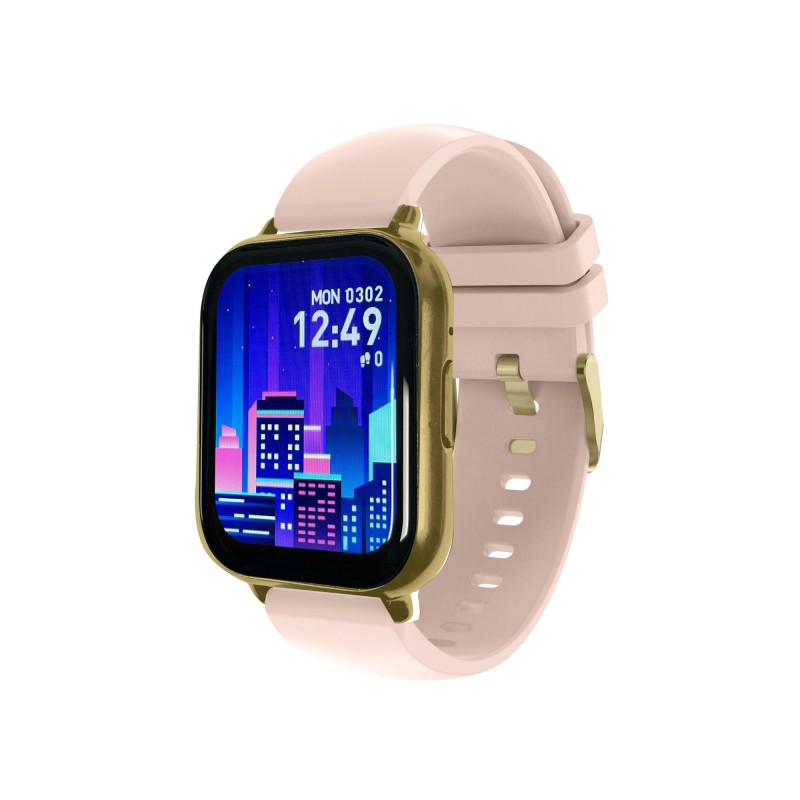 Packshot de la montre connectée Smarty 2.0 Fitnow SW105G avec boîtier rectangulaire doré et bracelet