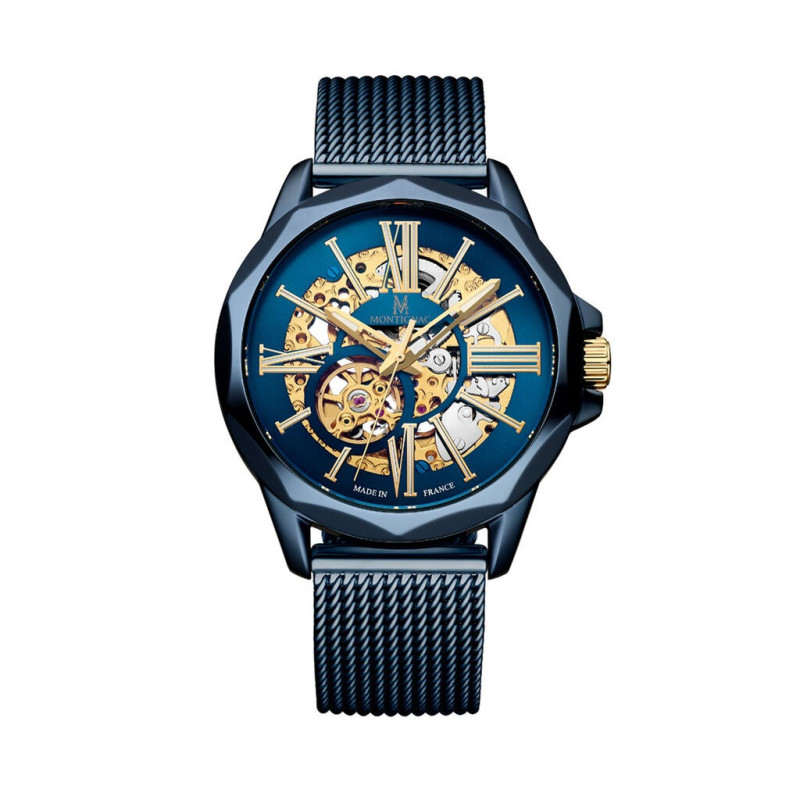 Montre automatique Montignac MOW1206 en acier bleu avec cadran squelette et bracelet milanais