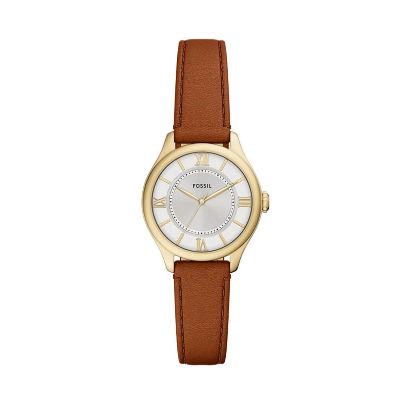 Photo de la montre femme Fossil Gilmore ES5423, boîtier doré, cadran soleillé argenté, bracelet cuir