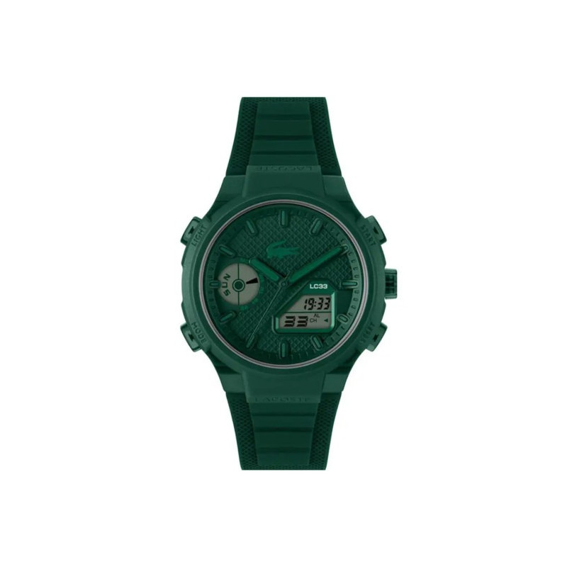 Packshot de la montre hybride LACOSTE LC33 en vert vif avec affichage analogique-numérique et cadran