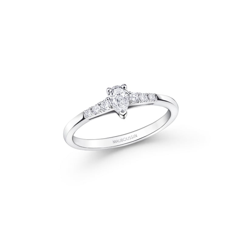Bague solitaire de fiançailles en platine avec diamant taille poire et épaules pavées, anneau gravé 