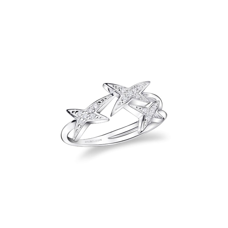Bague Mauboussin Jolie Môme en argent 925, trois motifs étoiles pavés de diamants sur un anneau poli