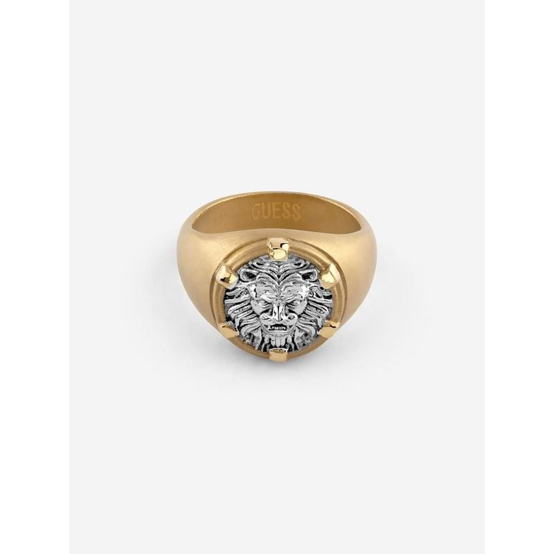Packshot de la Bague GUESS Lion Legacy Tête de Lion Acier Doré Argenté, bijou homme