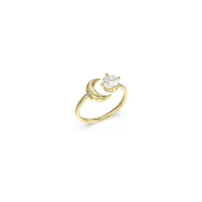 Bague ouverte en acier inoxydable doré avec motif croissant de lune et zircon cubique rond serti sur