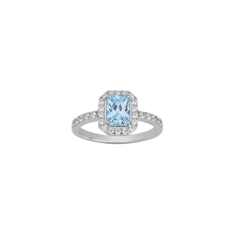 Bague halo en argent massif avec pierre centrale rectangulaire bleu clair et oxydes de zirconium bla