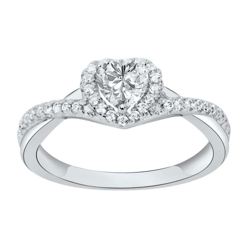 Bague motif cœur en oxyde de zirconium blanc et argent 925 avec halo pavé et anneau fendu, packshot 