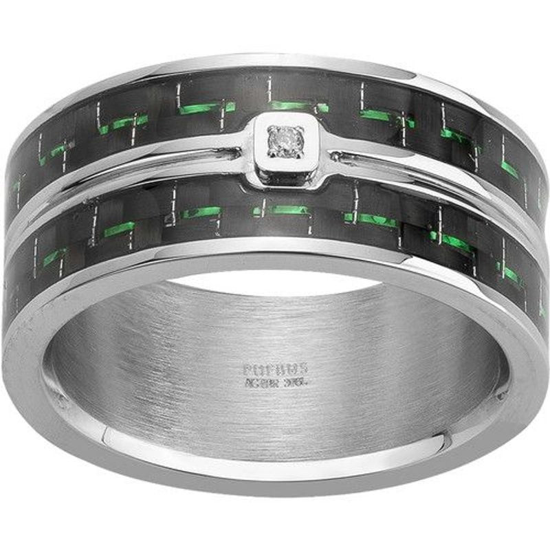 Bague homme Phebus en acier 316L, double anneau graphique, incrustation verte tissée et diamant 0,01